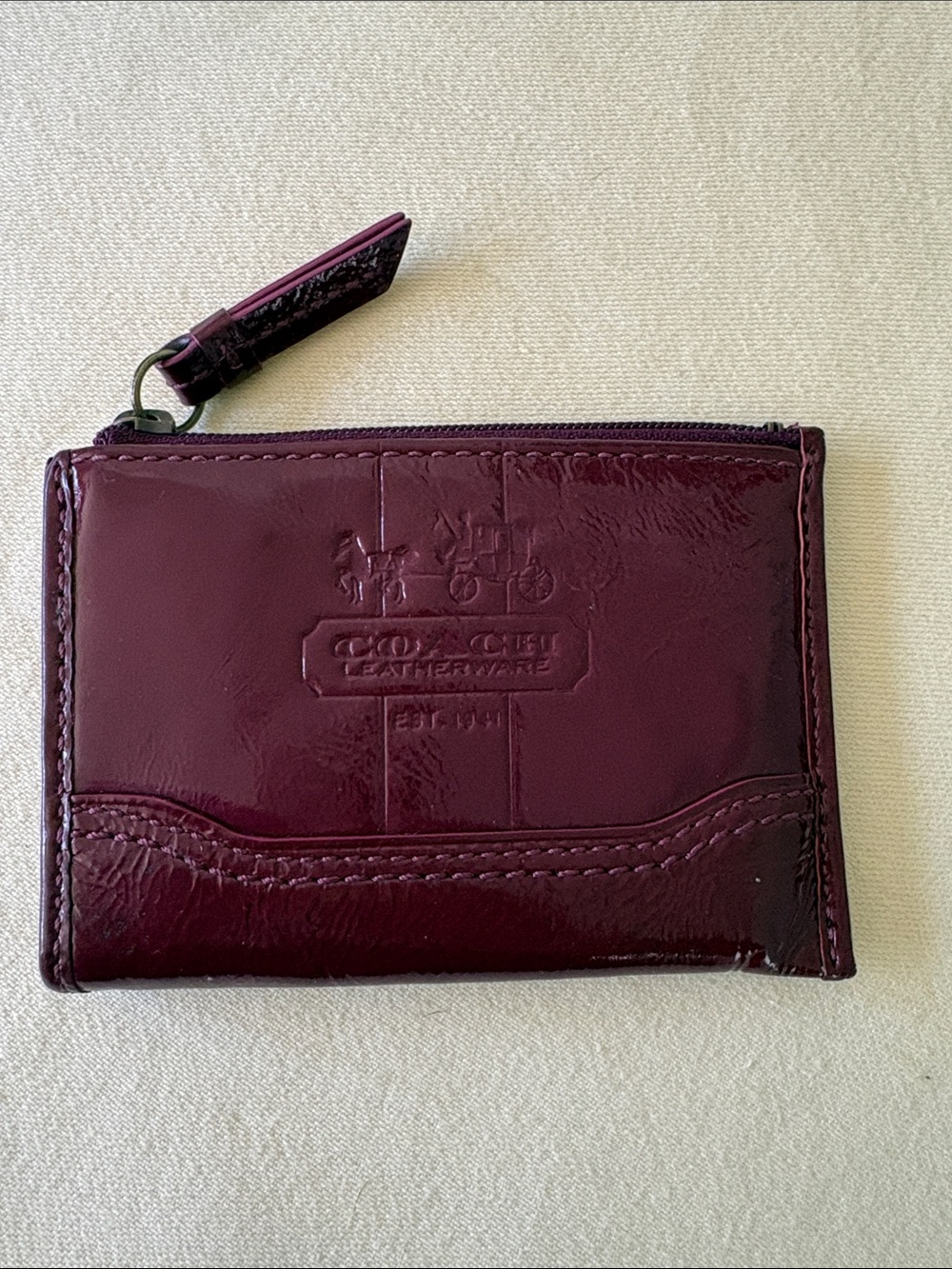 Coach Patent Leather Zip Card Case in Deep Burgundy